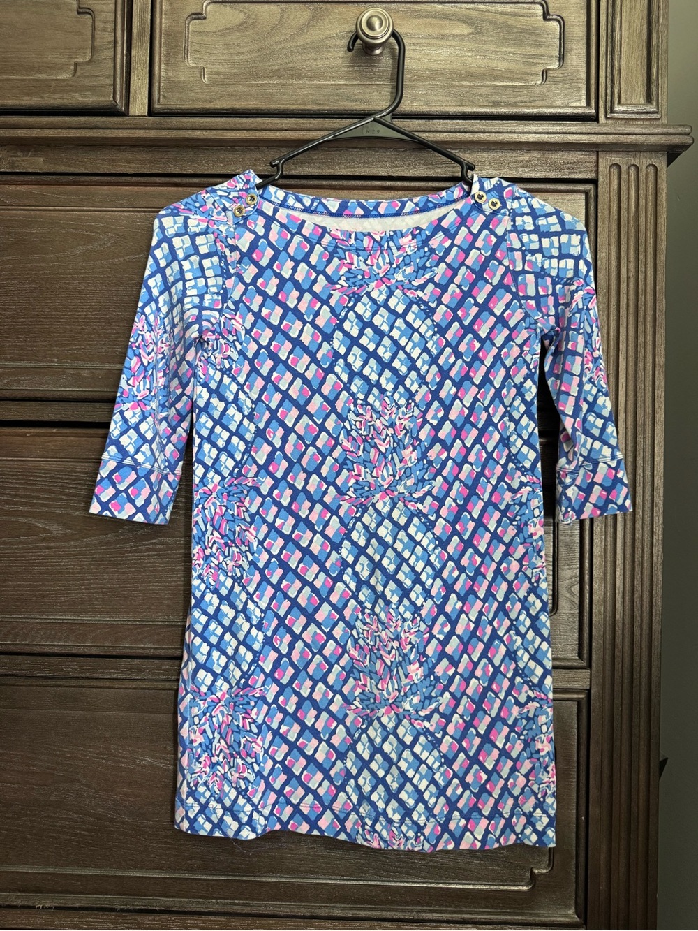 Lilly Pulitzer Blue Pink Patterned Girls' 3/4 Sleeve Dress